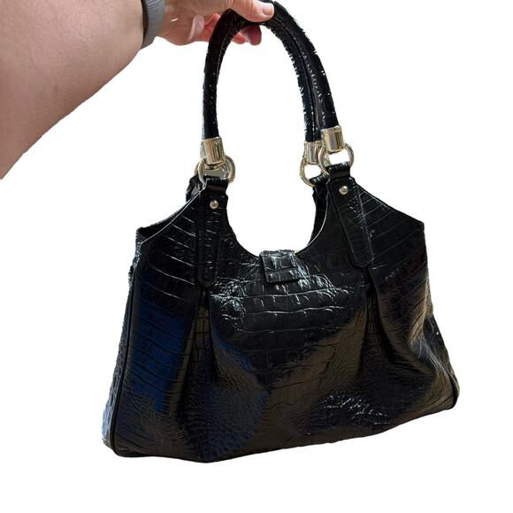 Brahmin Elisa Melbourne Large Leather Satchel Black Gold Registration Card - Picture 4 of 12